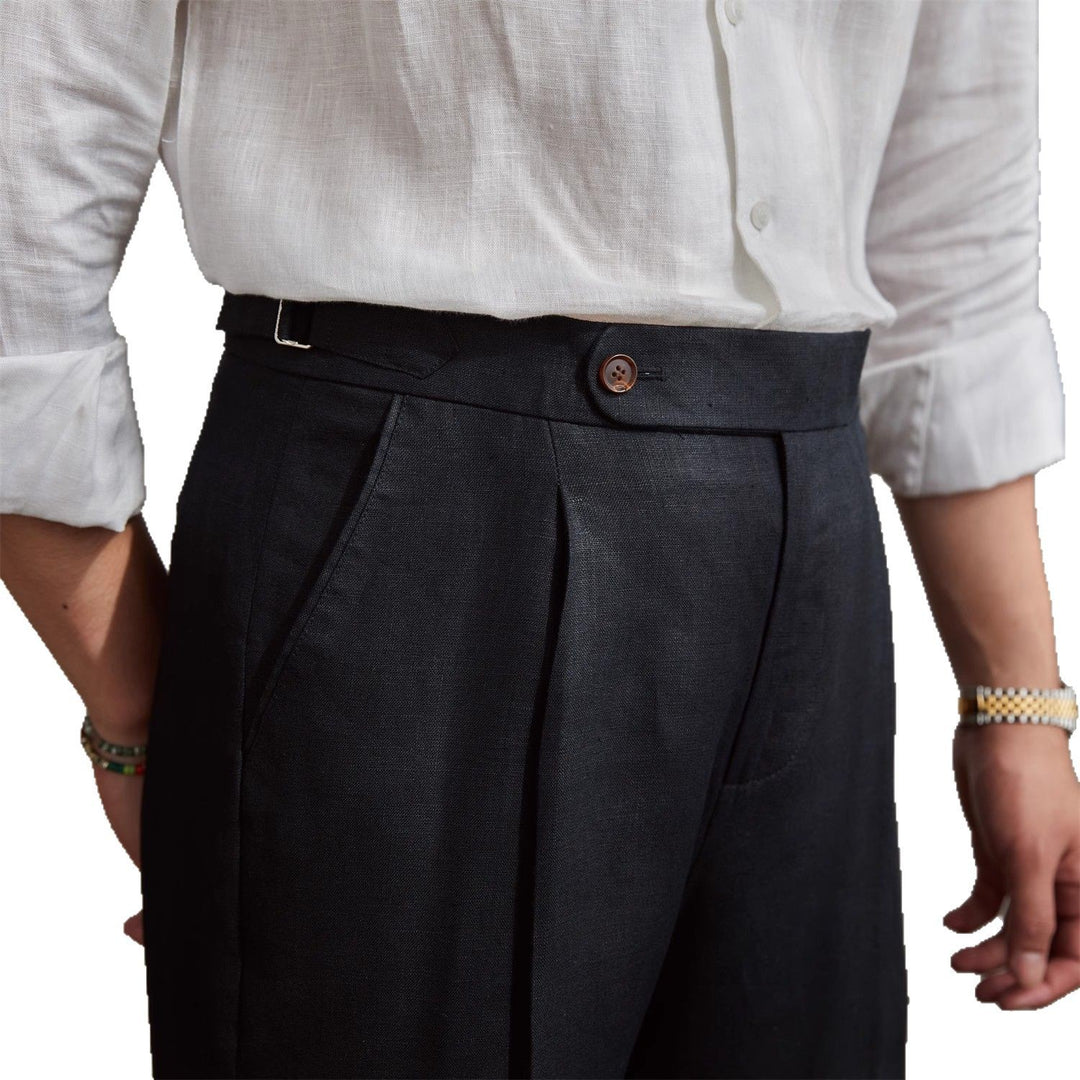 Herren Leinenhose mit hoher Taille, Bundfalten und verstellbarem Seitenriegel Drune