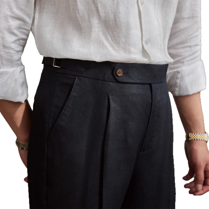 Herren Leinenhose mit hoher Taille, Bundfalten und verstellbarem Seitenriegel Drune