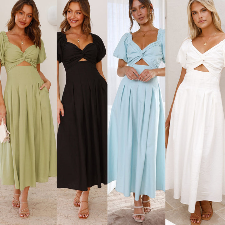 Damen Midikleid mit verspieltem Knotendetail und puffärmeligem Design Drune
