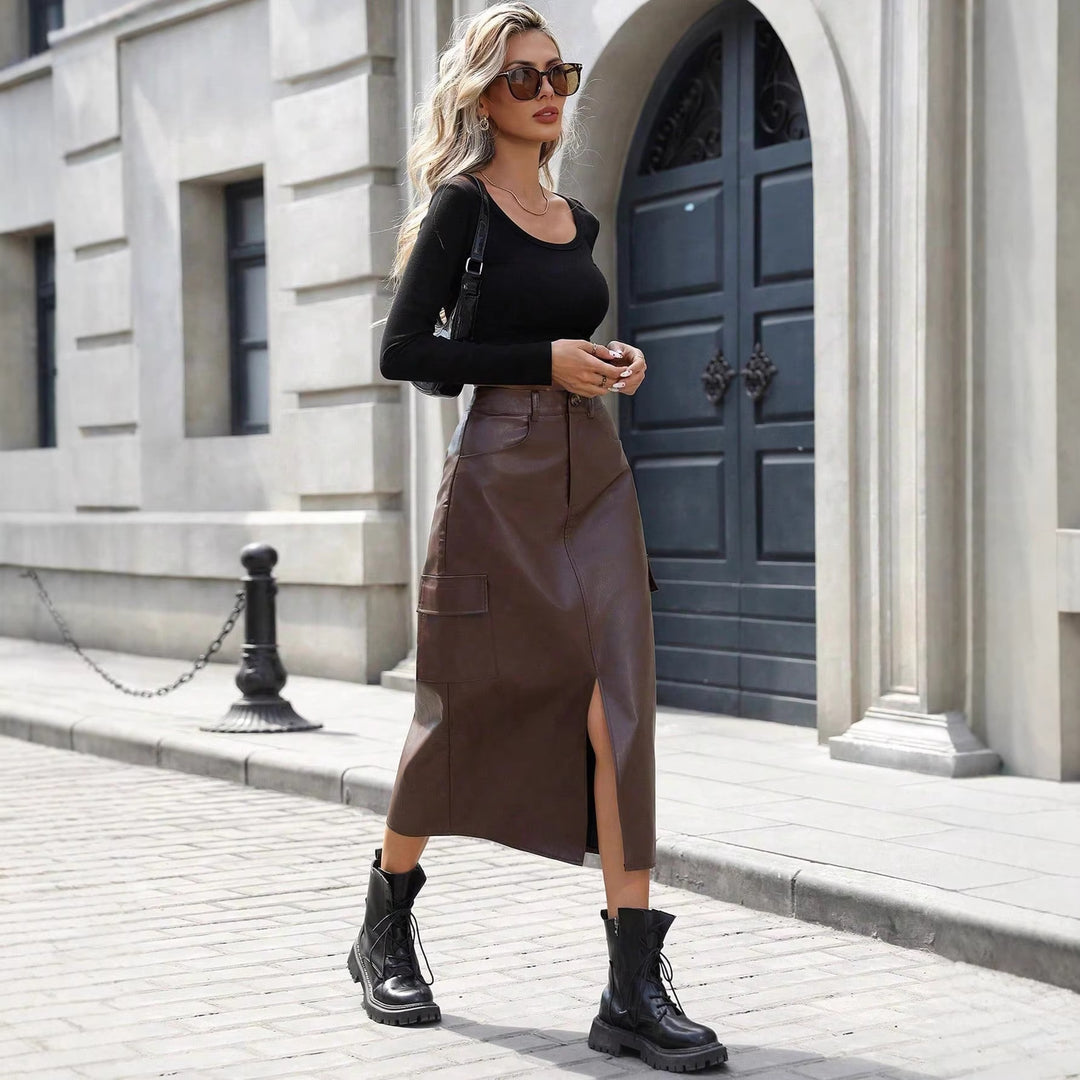 Damen Midirock aus Kunstleder mit praktischen Taschen und elegantem Schlitz Drune