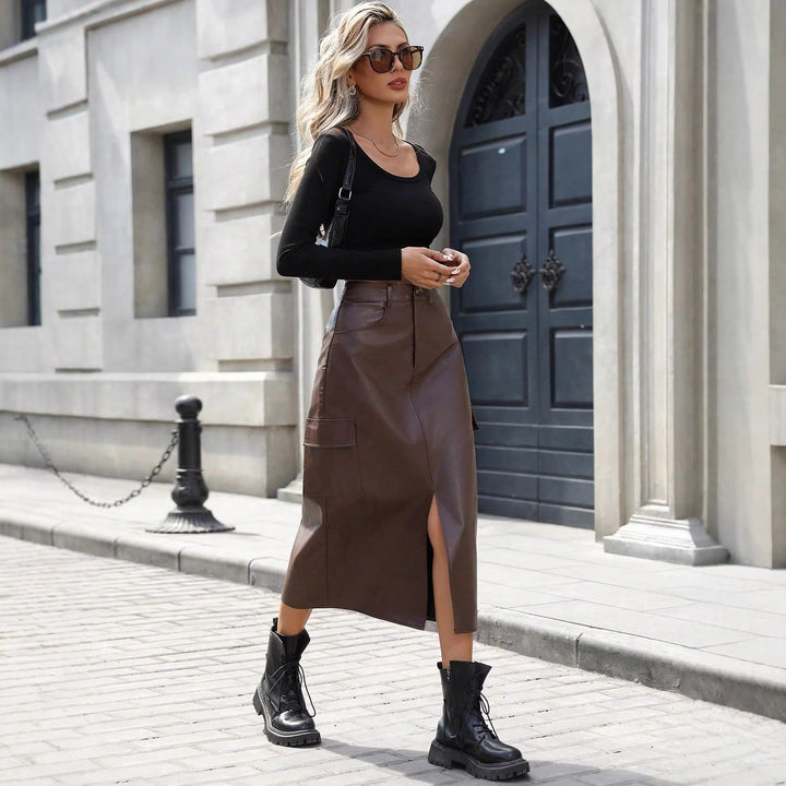 Damen Midirock aus Kunstleder mit praktischen Taschen und elegantem Schlitz Drune