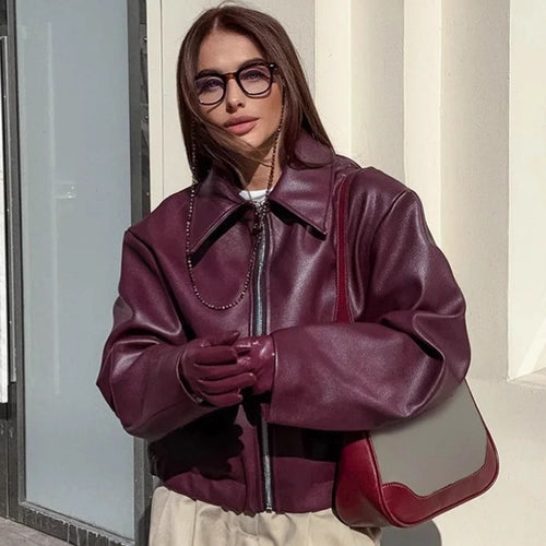 Damen modische Kunstlederjacke mit stylischem Kragen Drune