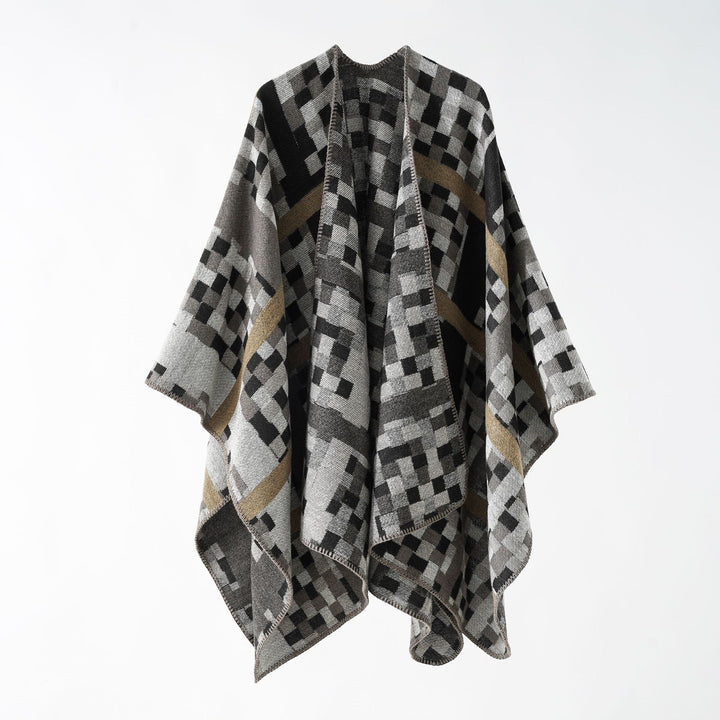 Damen Kastiger Webponcho mit grafischem Jacquard und Kettelkante Drune