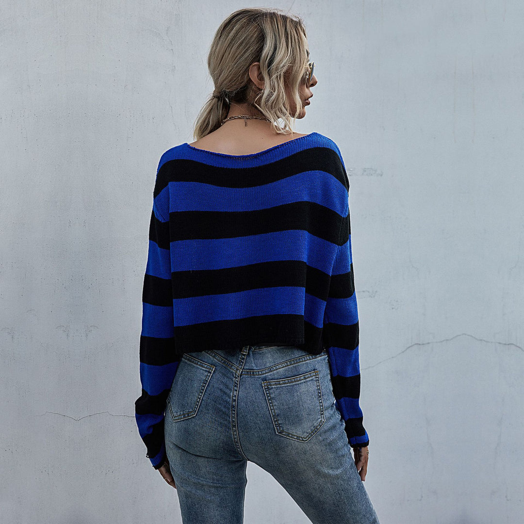 Damen Lässiger Crop-Pullover mit Streifen und Destroyed-Details Drune