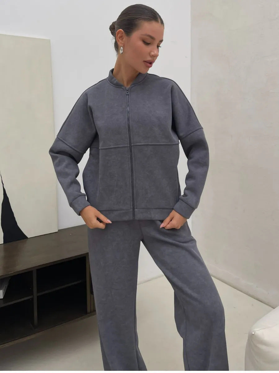 Damen lässiges Zip-Lounge-Set mit Stehkragen und weitem Highwaist-Joggpant Drune