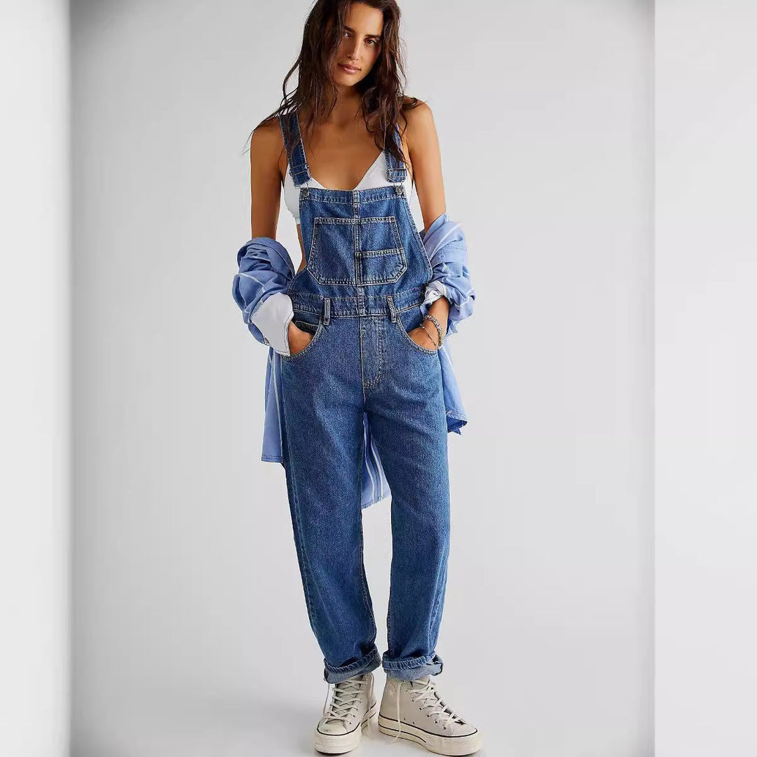 Damen lässige Denim-Latzhose mit praktischen Taschen und verstellbarem Bund Drune