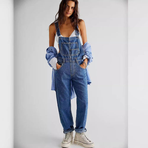Damen lässige Denim-Latzhose mit praktischen Taschen und verstellbarem Bund Drune
