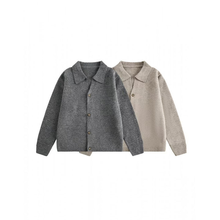 Unisex Boxy Strickcardigan mit Hemdkragen und durchgehender Knopfleiste Drune