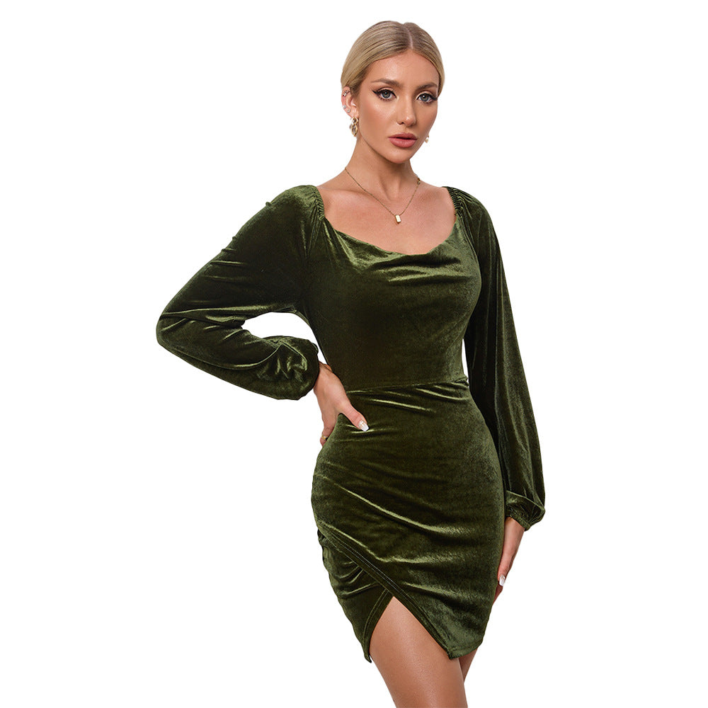 Damen Samtiges Wickel-Minikleid mit Wasserfall-Cowl, Ballonärmeln und asymmetrischer Raffung Drune