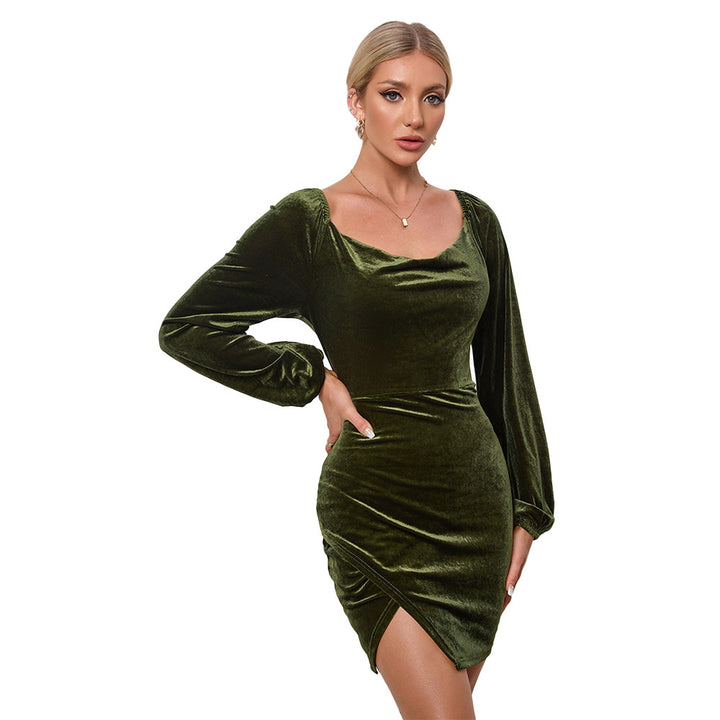 Damen Samtiges Wickel-Minikleid mit Wasserfall-Cowl, Ballonärmeln und asymmetrischer Raffung Drune