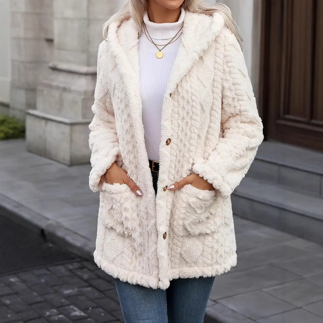 Damen angenehme und weiche Plüschjacke mit Kapuze und Taschen Drune
