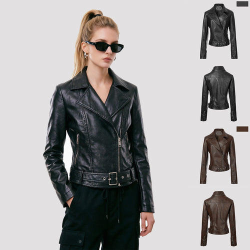 Damen Trendige Bikerjacke mit Taillengürtel Drune
