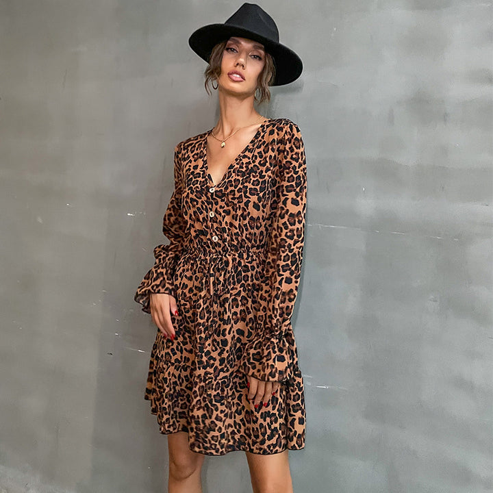 Damen Gestuftes Minikleid mit V‑Ausschnitt, Taillen‑Zugband und Leoprint Drune