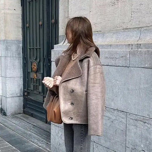Damen modische Kunstfelljacke mit oversized Schnitt und breitem Kragen Drune