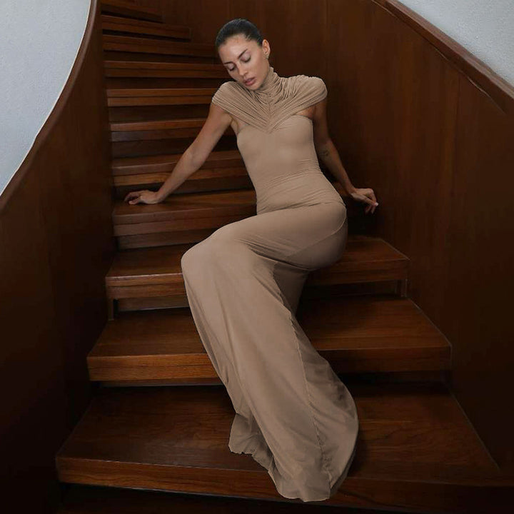 Damen Elegantes Maxikleid mit hochgeschlossenem, drapiertem Kragen Drune