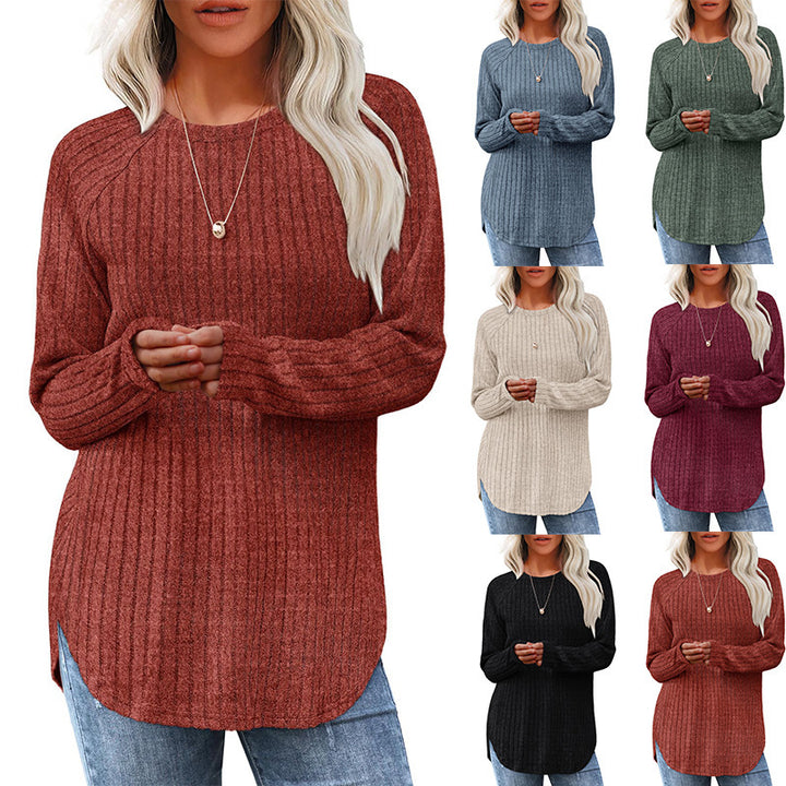 Damen gerippter Strickpullover mit Rundhalsausschnitt Oversize-Passform und Seitenschlitzen Drune