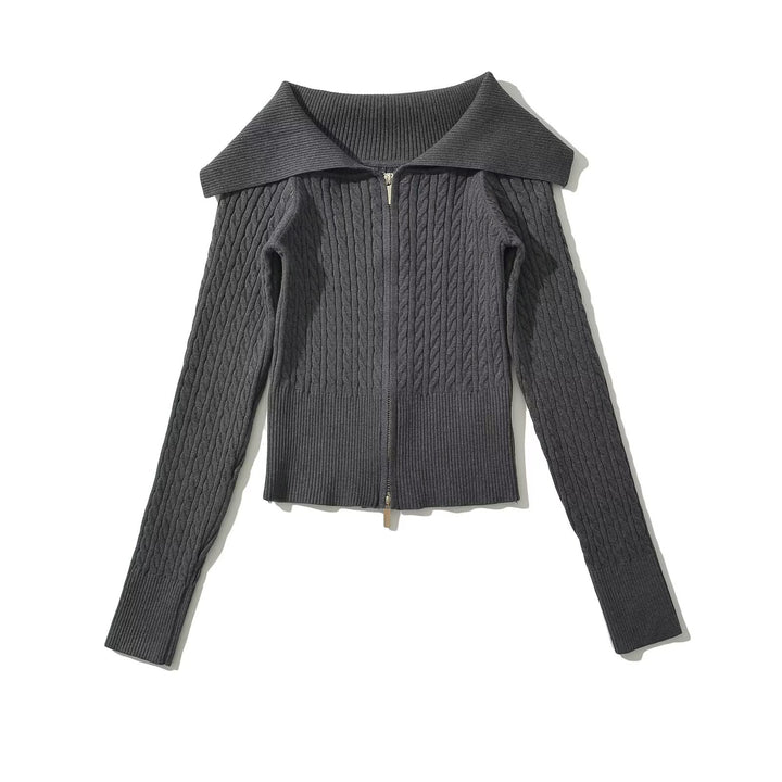 Damen modische Strickjacke mit weitem Kragen und Reißverschluss Drune