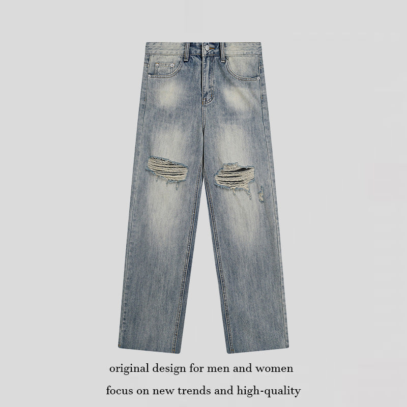 Damen Weite Destroyed-Jeans mit hoher Taille, geradem Bein und Knie-Rips Drune