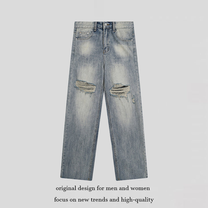 Damen Weite Destroyed-Jeans mit hoher Taille, geradem Bein und Knie-Rips Drune