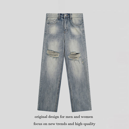Damen Weite Destroyed-Jeans mit hoher Taille, geradem Bein und Knie-Rips Drune