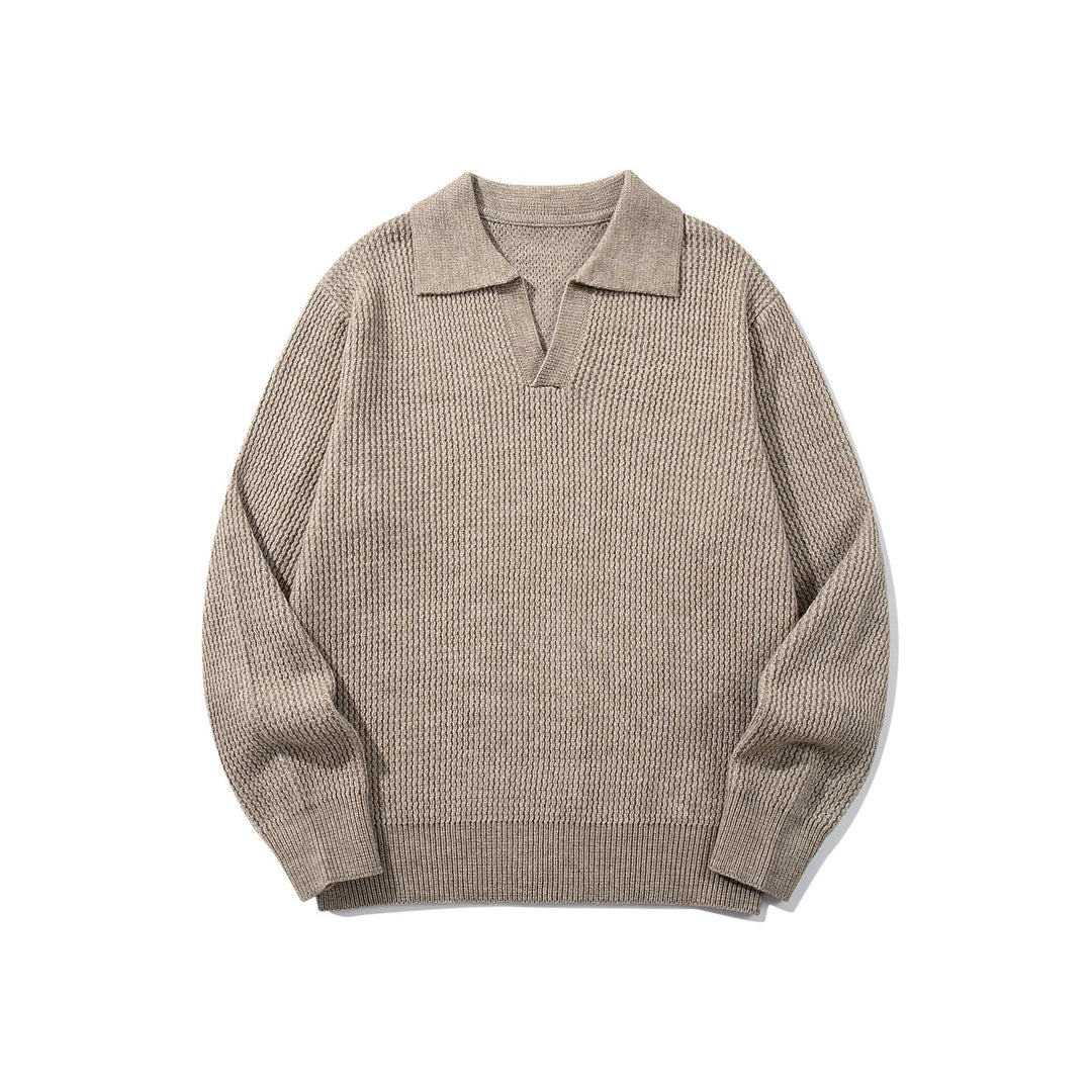 Herren Grobgestrickter Polokragen-Pullover mit V‑Ausschnitt und Rippenbündchen Drune