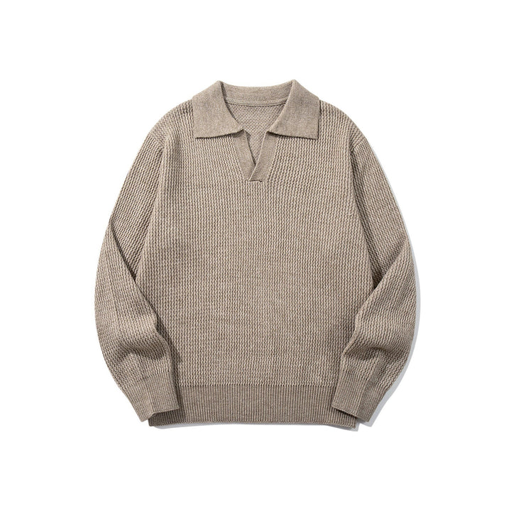 Herren Grobgestrickter Polokragen-Pullover mit V‑Ausschnitt und Rippenbündchen Drune