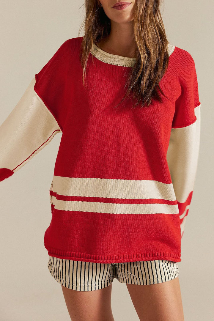 Damen lässiger Sportpullover mit kontrastierenden Ärmel- und Streifenmustern Drune