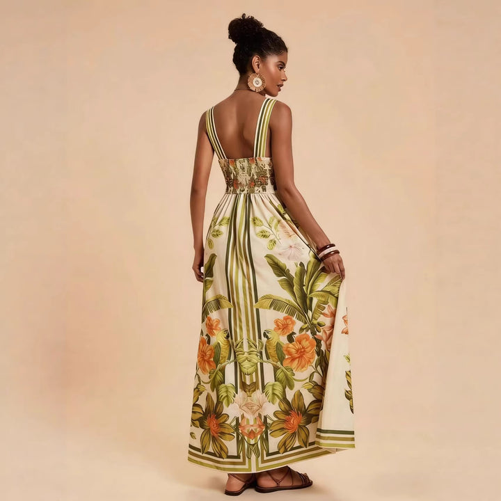 Damen Maxikleid mit tiefem V-Ausschnitt und floralem Design Drune