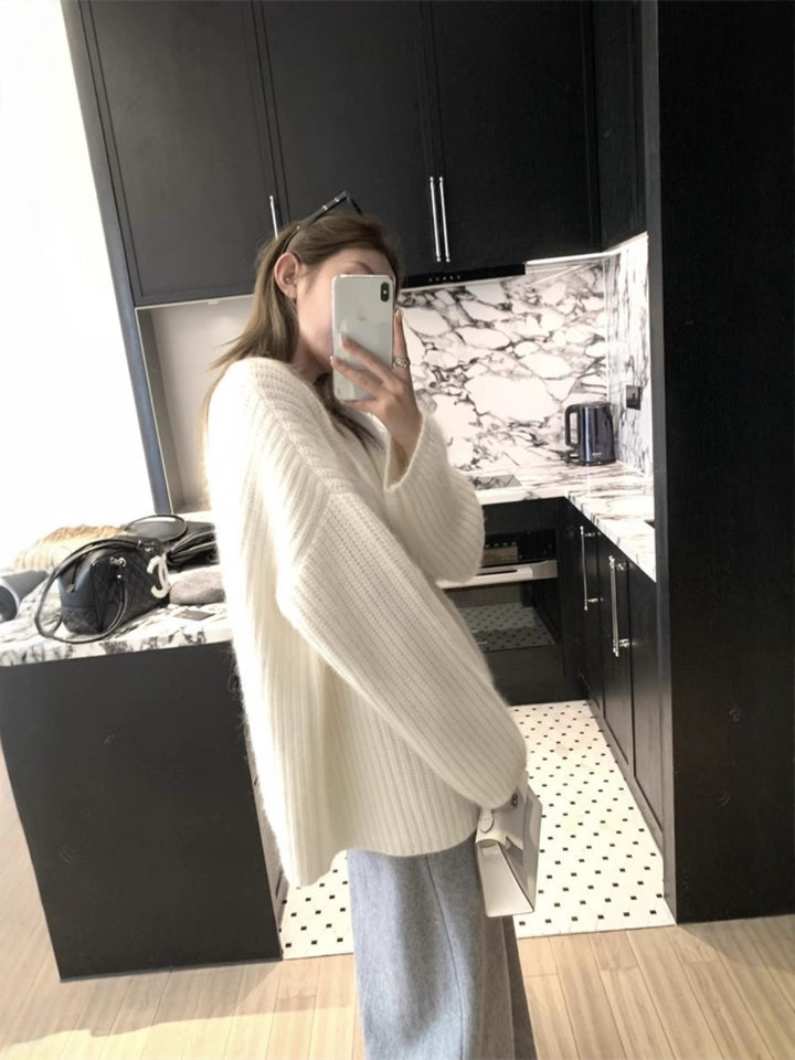 Damen Oversize Flauschpullover im Mohair‑Look mit strukturierter Rippenoptik Drune