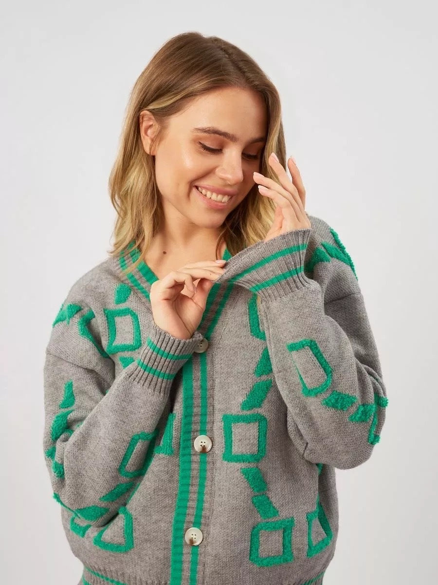 Damen modische Strickjacke mit geometrischem Muster und Knopfleiste Drune