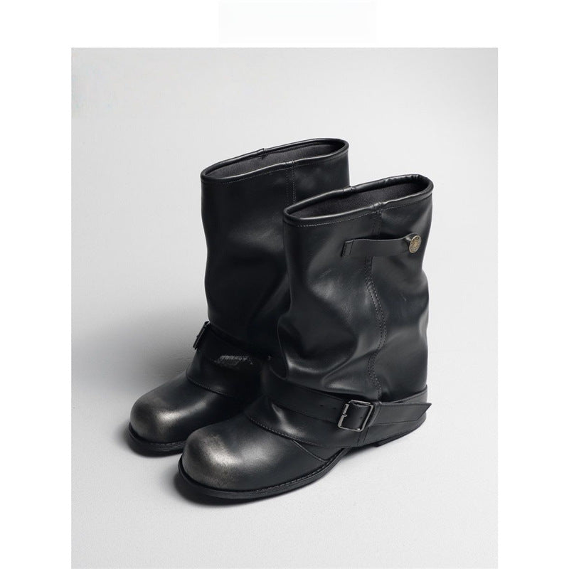 Damen Slouchy Bikerstiefel aus Lederoptik mit verstellbarem Schnallenriemen und mittlerem Blockabsatz Drune