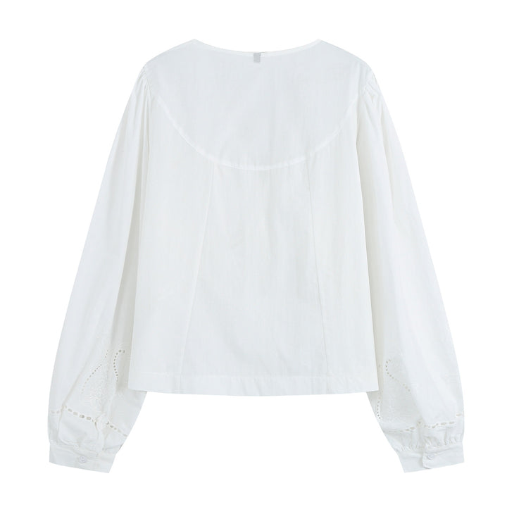 Damen Leichte Bluse mit V‑Ausschnitt, Plissee‑Schulterpasse und Broderie‑Anglaise Drune