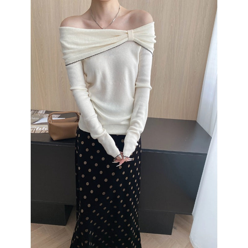 Damen eleganter off-shoulder Pullover mit Raffung und langen Ärmeln Drune