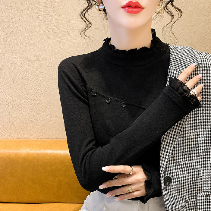Damen Longsleeve-Shirt mit dekorativen Knopfdetails und Raffungen Drune