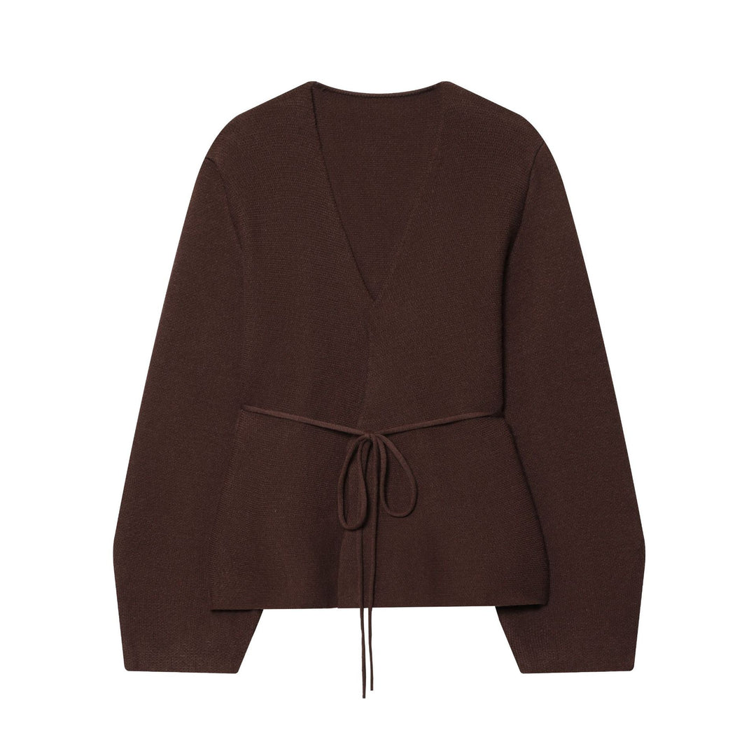 Damen nan taillierte Strickjacke mit tiefem V-Ausschnitt, Bindegürtel und kastigen Ärmeln Drune
