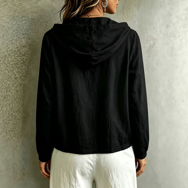 Damen Leichte Kapuzenbluse aus Baumwollcrinkle mit Knopfleiste und Tunnelzugsaum Drune