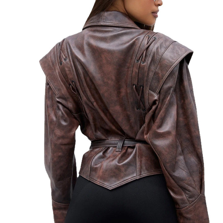Damen modische Wildlederjacke mit tailliertem Schnitt und Bindegürtel Drune