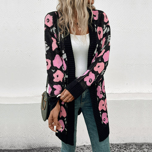 Damen Modischer Strickmantel mit floralem Muster Drune
