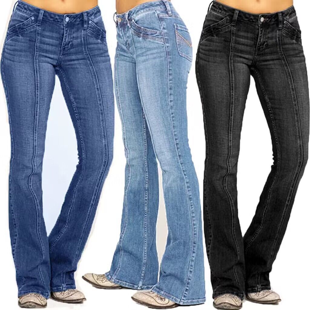 Damen nan weite Schlagjeans mit hochgeschnittener Taille, figurbetontem Hüftschnitt und elastischem Denim Drune