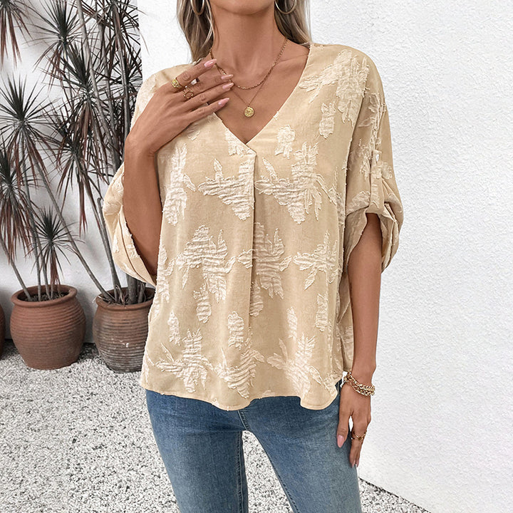 Damen leichte Oversize V-Neck Bluse mit strukturiertem Jacquardmuster und krempelbaren Ärmeln Drune