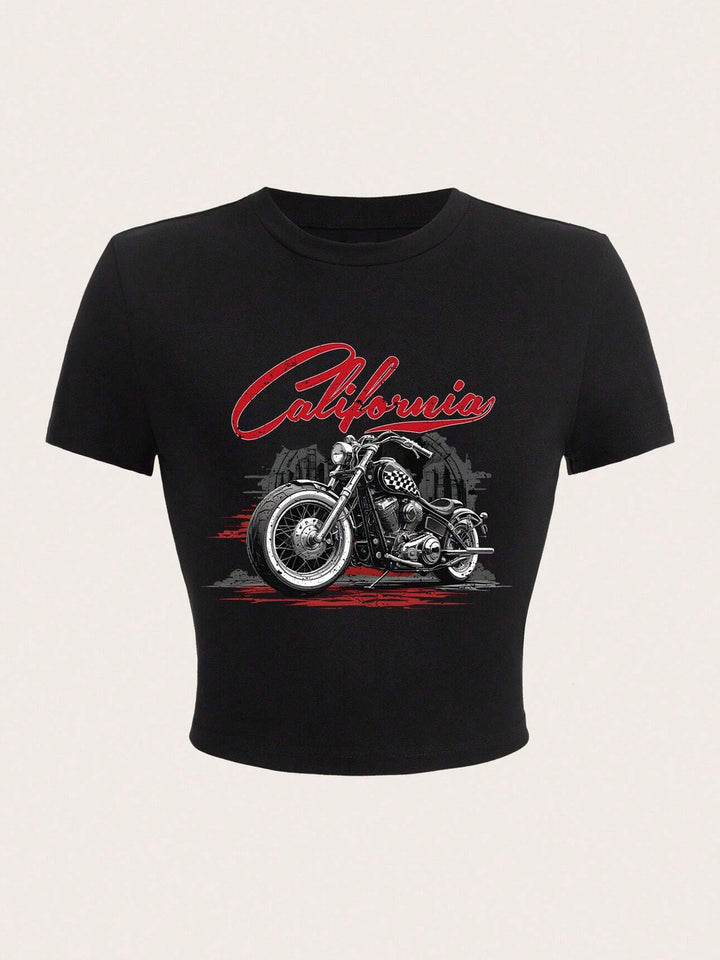 Damen Kurzarm T-Shirt mit auffälligem Motorrad-Design Drune