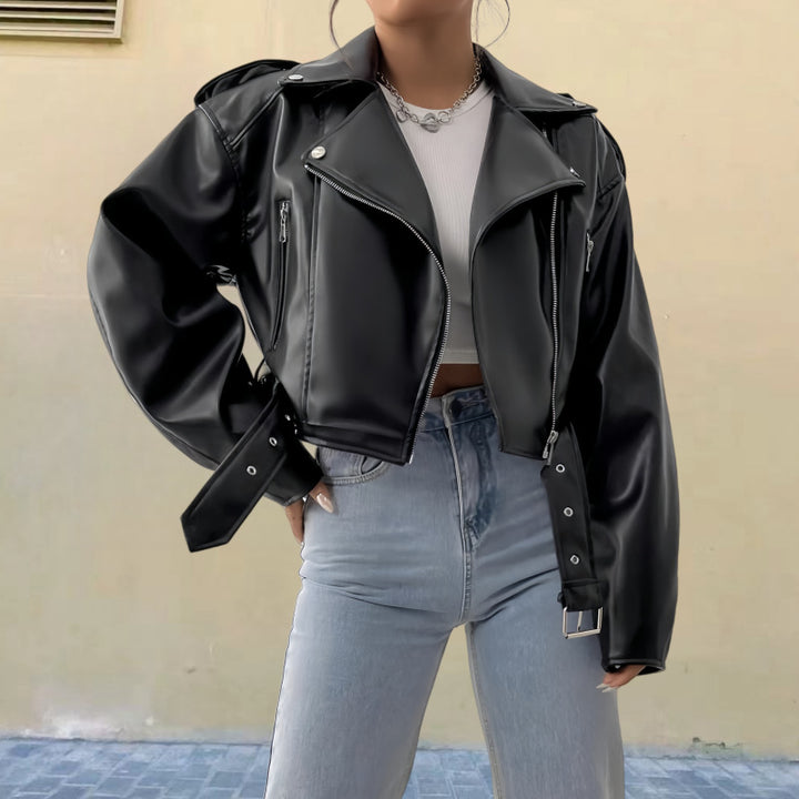 Damen Kunstleder Bikerjacke mit weitem Schnitt und umfangreichen Details Drune