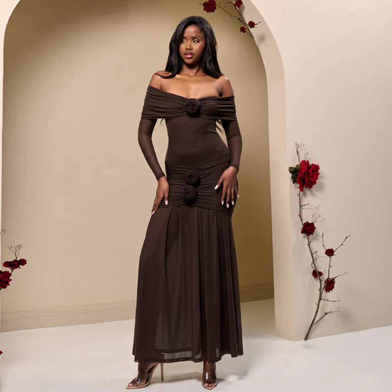 Damen Elegantes Wickel-Maxikleid mit Rüschen und Off-Shoulder Design Drune