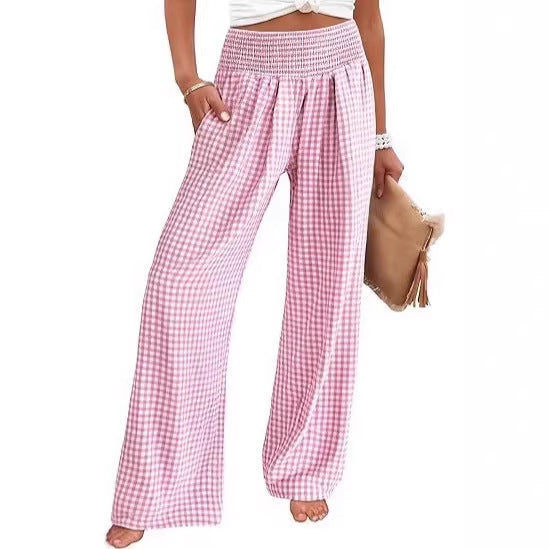 Damen Leichte Palazzo‑Hose mit Smokbund, weitem Bein und Karo‑Print Drune