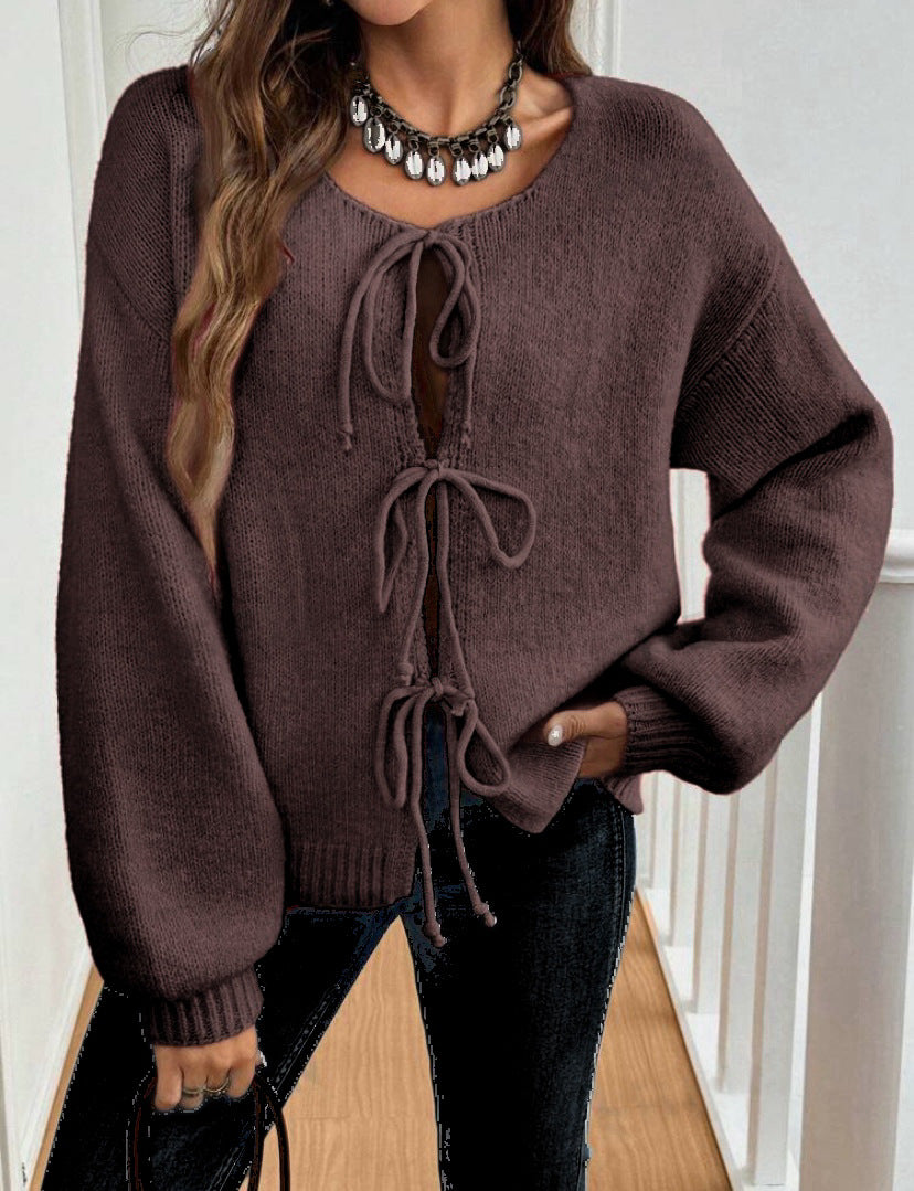 Damen Kurzcardigan mit Bindebändern, Oversize‑Silhouette und Ballonärmeln Drune