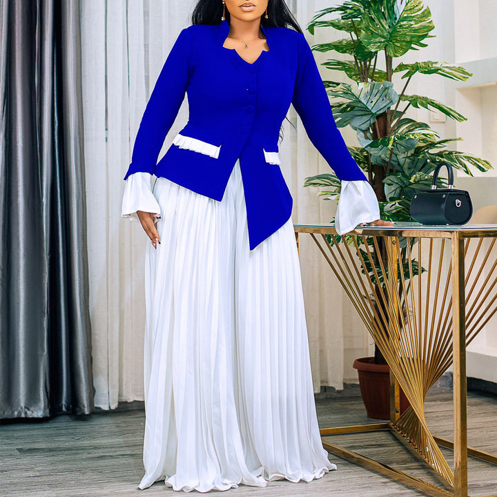 Damen eleganter Jumpsuit mit tailliertem Blazer-Oberteil und schwingenden Plisseehosen Drune
