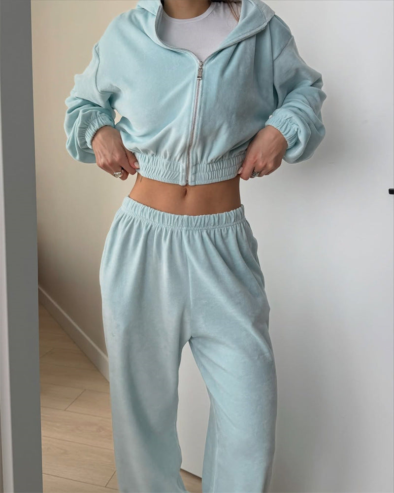 Damen lässiges Cropped Sweatshirt und hohe Jogginghose Set Drune