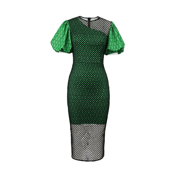 Damen figurbetontes Kleid mit innovativem Netzdesign und voluminösen Puffärmeln Drune