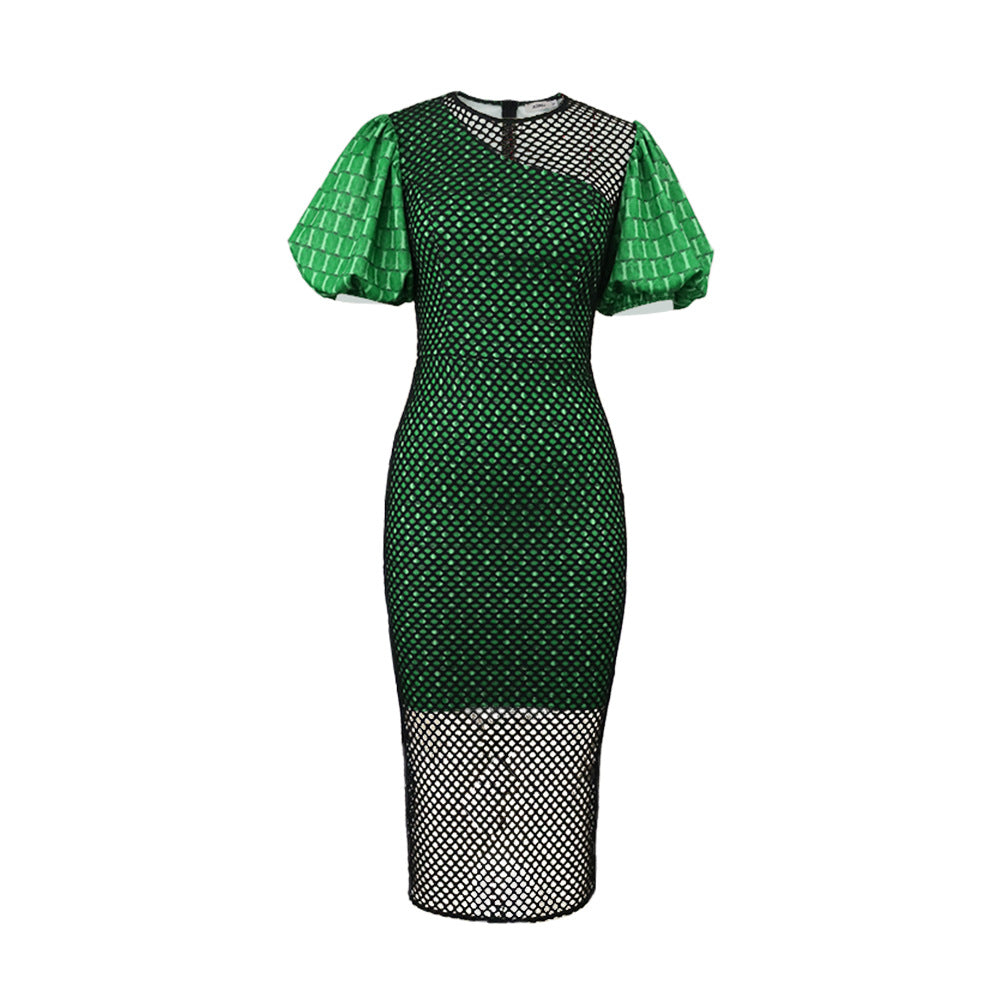 Damen figurbetontes Netzkleid mit Puffärmeln Drune