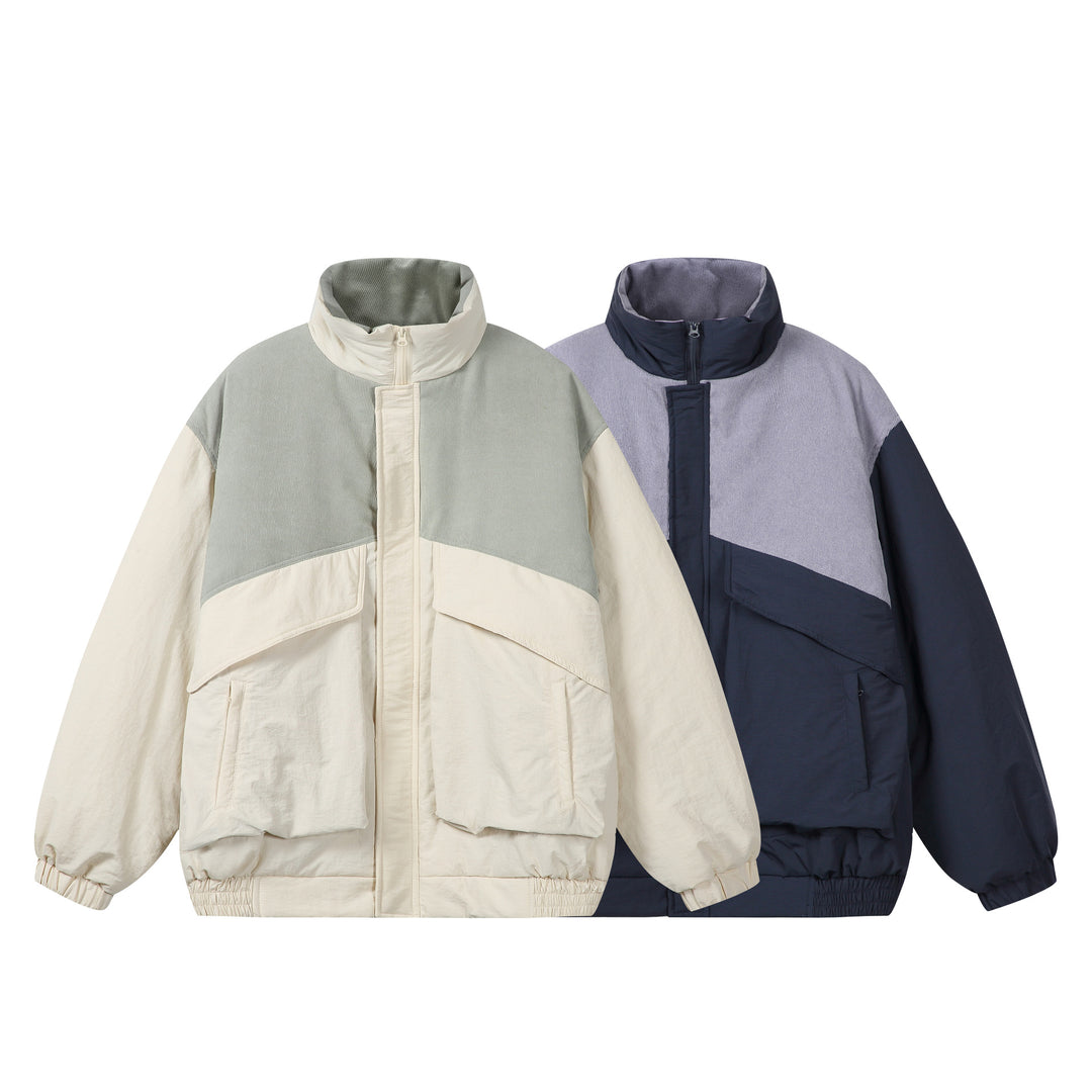 Unisex Boxy-Pufferblouson mit hohem Stehkragen, Cord-Schulterpasse und großen Pattentaschen Drune
